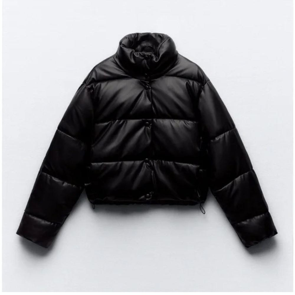 Zara Black Leather Cropped Puffer Jacket with High Collar